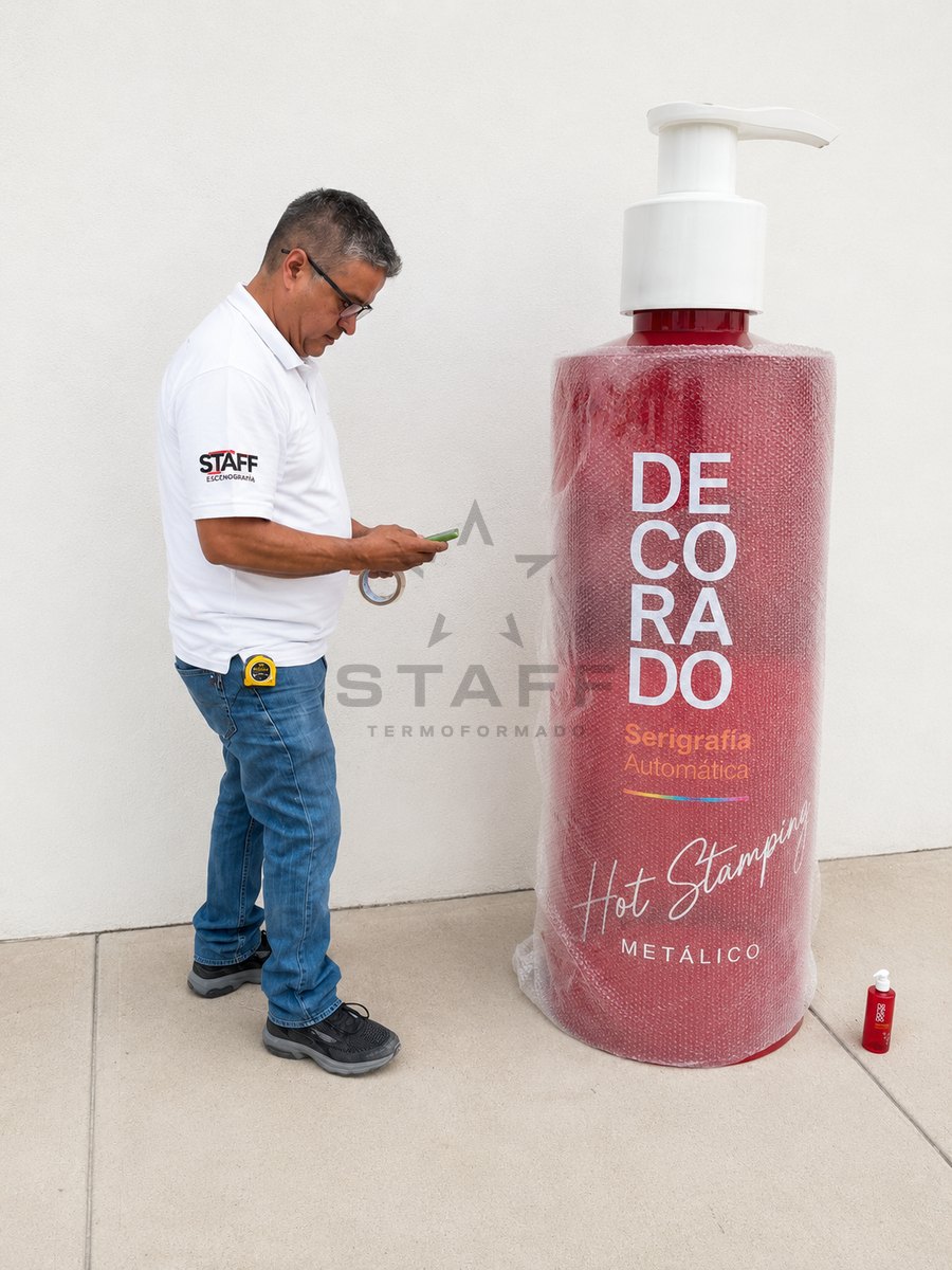 Botella decorada gigante junto a una persona — escala real